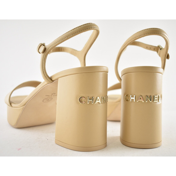 Chanel 24C Beige Nude Lambskin Leather Platform Ankle Strap Block Heel Sandal 42 - Picture 11 of 15